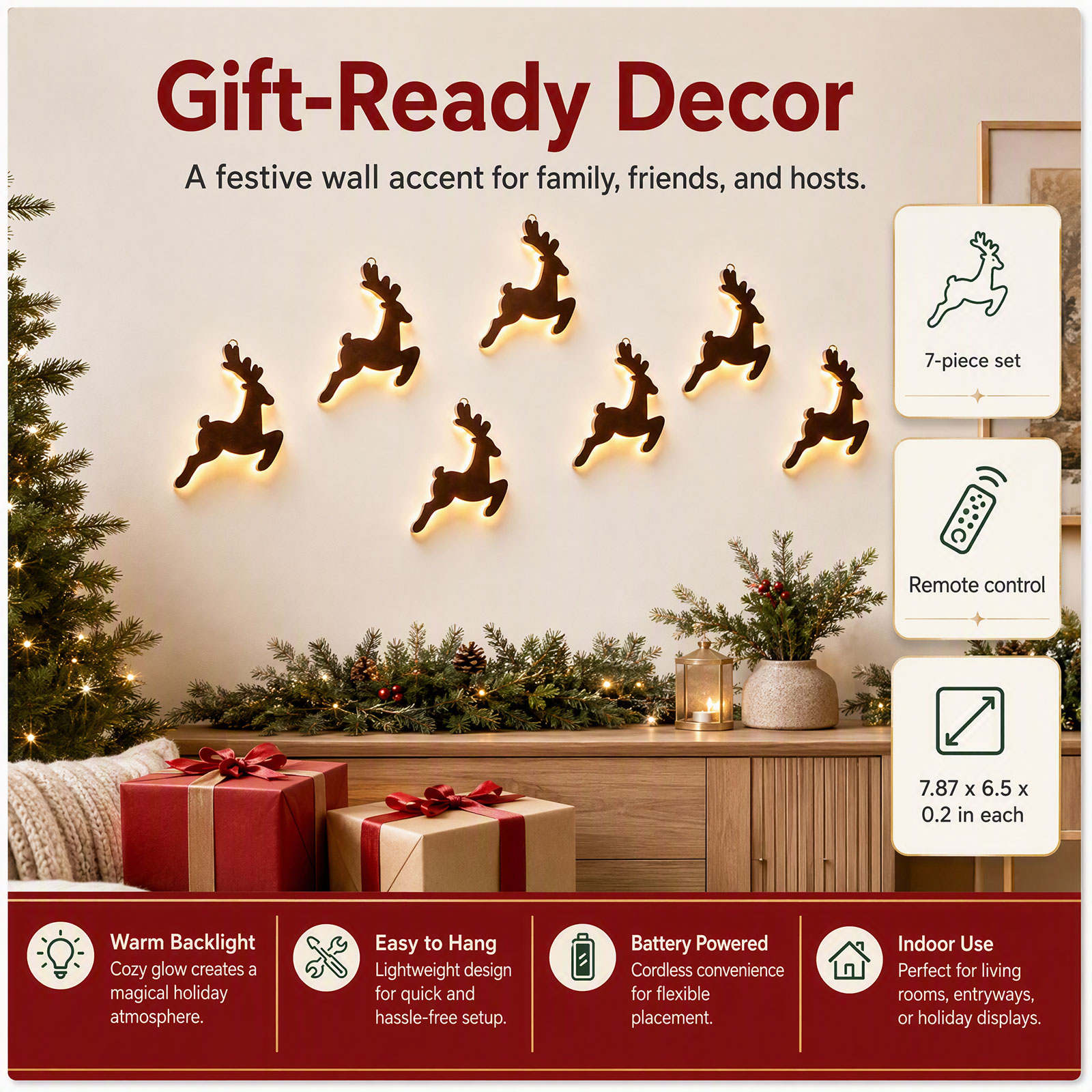 Lighting Christmas Decor - Decoração de parede com renas de